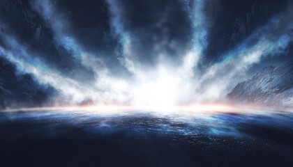 Fantasy cold landscape with fog and icy water.