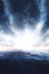 Fantasy cold landscape with fog and icy water.