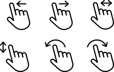 Collection of black hand gesture icons showing touchscreen interactions, including swipe and rotation arrow movements, for mobile app interface design and user experience