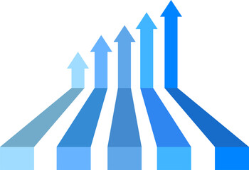 Conceptual illustration of 3D blue arrows rising upwards in a perspective view, symbolizing financial growth and successful business progress, towards a bright white future