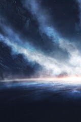 Fantasy cold landscape with fog and icy water.