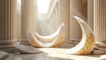 Eine abstrakte, k&uuml;nstlerische Vision der Antike. Marmors&auml;ulen winden sich zu flie&szlig;enden, wei&szlig;en Serpentinenformen, w&auml;hrend Fragmente klassischer Statuen wie Steinbl&uuml;tenbl&auml;tter schweben.KI Generated