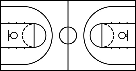 Simple black and white technical diagram of a basketball court, showing clear schematic lines from above for the key area and free throw area, on an isolated white background