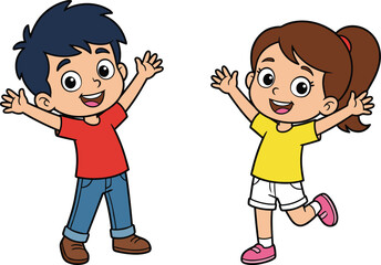 Joyful children, cartoon kids, raised arms, smiling faces, playful pose, colorful outfits, happy mood, expressive characters, vector design, flat vector illustration