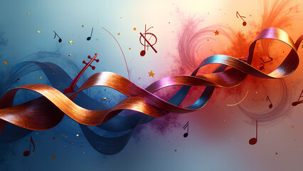 Eine surreale Komposition abstrakter Musikinstrumente, neu interpretiert als flie&szlig;ende, organische Formen. Violinen verschmelzen mit geschwungenen B&auml;ndern aus Holz . KI Generated