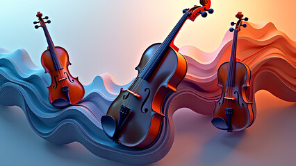 Eine surreale Komposition abstrakter Musikinstrumente, neu interpretiert als flie&szlig;ende, organische Formen. Violinen verschmelzen mit geschwungenen B&auml;ndern aus Holz. KI Generated