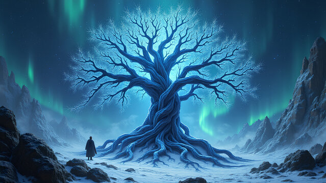 Eine surreale, abstrakte Interpretation der nordischen Mythologie. Uralte Runen winden sich zu leuchtenden, blau-wei&szlig;en Energiestr&ouml;men, die wie lebendiges Licht pulsieren. KI Generated