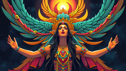 Eine abstrakte, visuell komplexe Komposition, inspiriert von der g&ouml;ttlichen Welt der Azteken.KI Generated