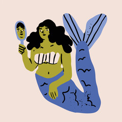 Cute Mermaid with mirror. Beautiful abstract underwater character. Fairy marine creature with fish scales and tail. Hand drawn Vector illustration. Unique modern style. Isolated design element © Dariia