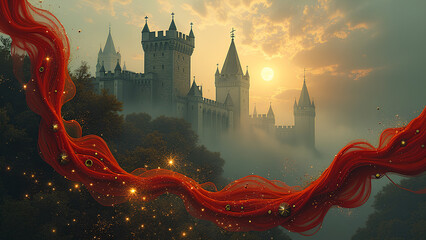 Eine surreale, abstrakte Interpretation mittelalterlicher &Auml;sthetik. Schwebende Fragmente von Steinburgen. KI Generated