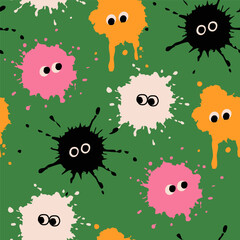 Colorful Ink splatter set. Cute abstract characters with eyes. Bright liquid stains, burst, spots, drops, dots. Paint splashes. Hand drawn trendy Vector illustration. Square seamless Pattern