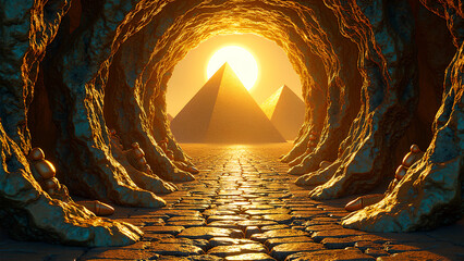 Eine abstrakte, surreale Vision des alten &Auml;gypten. Schwebende Hieroglyphen verwandeln sich in strahlende goldene Glyphenstr&ouml;me, die sich spiralf&ouml;rmig um  Obsidianfragmente winden. KI Generated