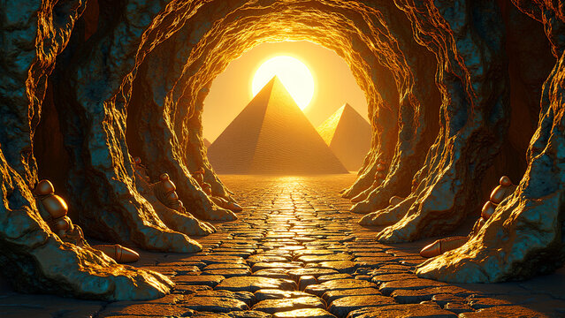 Eine abstrakte, surreale Vision des alten &Auml;gypten. Schwebende Hieroglyphen verwandeln sich in strahlende goldene Glyphenstr&ouml;me, die sich spiralf&ouml;rmig um  Obsidianfragmente winden. KI Generated