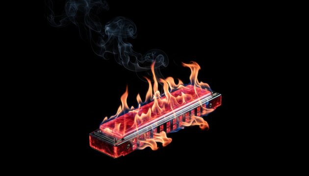 Harmonica burns with flames and curling smoke over a dark background with ample space for text and design. High contrast lighting highlights metal texture and flame motion for advertising and music co
