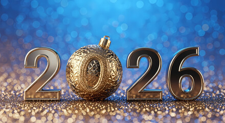 Gold numbers and ball on glittery surface representing the year 2026 celebration