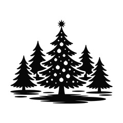 A simple black and white illustration of christmas trees and a star