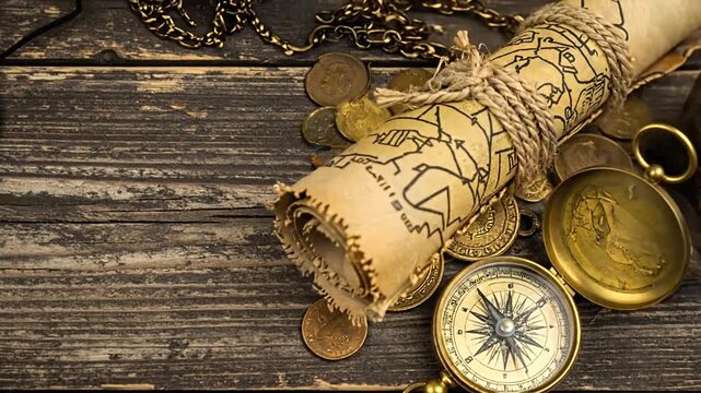 Close-up of pirate-themed objects arranged on distressed wood surface, evoking a treasure hunt theme