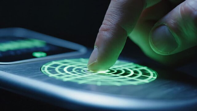 Close Up Macro Shot of a Finger Pressing a Futuristic Touch Sensor with Digital Scanning Animation in Blue and Green Light Accents on a Metallic Surface in Low Light Conditions