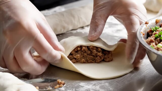 Chef in Gloves Filling Dumpling Dough With Minced Meat
