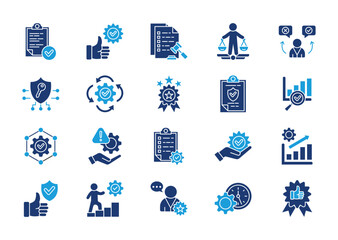 Best practices thin solid icon set. Containing guidelines, consistency, compliance, ethics, accountability, safety, procedures, quality, methodology, optimization