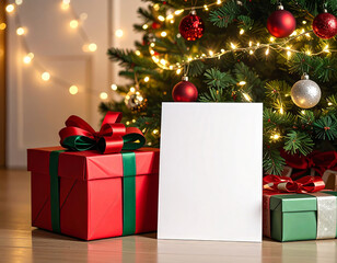 blank greeting card mockup with christmas gift box and festive tree lights