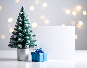Minimal christmas mockup with small tree, gift box, and blank card copy space