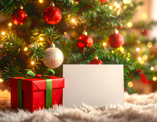 blank greeting card mockup with christmas gift box and festive tree lights