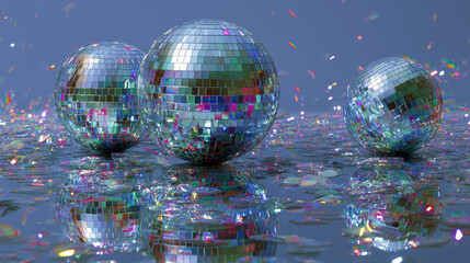 New Year celebration background with reflective disco ball fragments casting colorful reflections