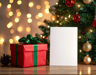 blank greeting card mockup with christmas gift box and festive tree lights