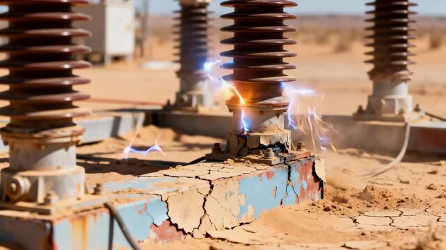 Medium shot capturing flashover testing on dry insulators highlighting the impact of arid conditions on insulation integrity.