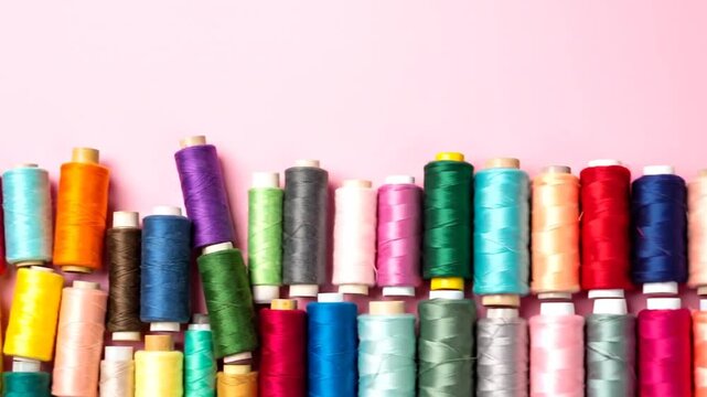 A collection of various colorful thread spools on a pink background, showcasing sewing supplies