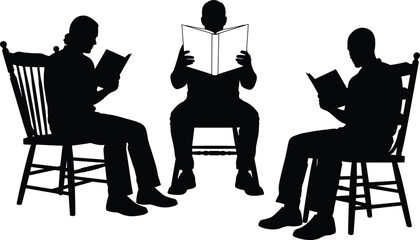 Silhouette illustration of three people reading books while sitting on chairs, concept of education, literacy, study and knowledge