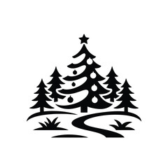 Obraz premium A silhouetted christmas tree amidst a forest landscape with a winding path
