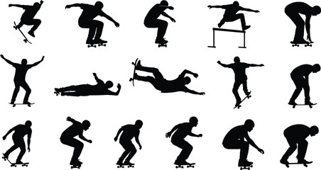 Skateboarder silhouettes collection showing street skateboarding tricks jumps falls and riding poses isolated on white background for urban sports design