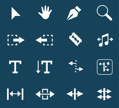 Adobe Premiere Pro Video Editing Tool Icons: Professional Timeline Set including Razor Cut, Ripple Edit, Selection Cursor, Pen Keyframes & Rate Stretch for Creative Post-Production Workflows
