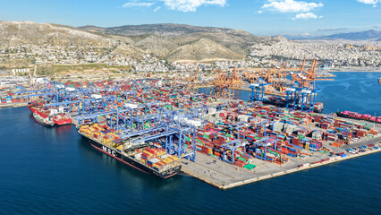 Fototapeta premium Aerial drone photo of logistics port and container terminal of Piraeus, Attica, Greece