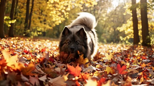 Eskimo Dog Sniffing Autumn Leaves in Forest