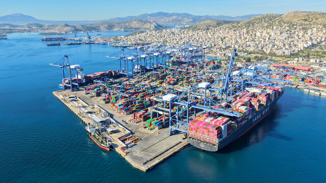 Aerial drone photo of logistics port and container terminal of Piraeus, Attica, Greece
