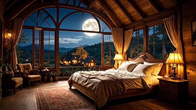 A cozy bedroom with a large full moon view. Wooden ceiling and large windows. Decorated with warm lights