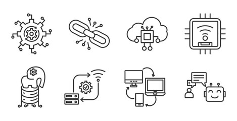Industry 4.0  icon set collection in outline style. Icon pack contains Automation, connection,cloud computing, iot, big data, system integration, Digitalization, Artificial Intelligence (AI)