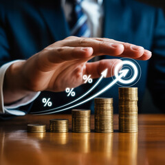 Investment Growth Protection and Financial Target Concept &mdash; Hand Shielding Increasing Coin Stacks with Upward Arrow and Bullseye Target, Business Finance, Savings Strategy and Profit Optimization