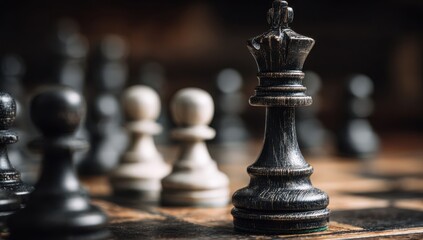 Fototapeta premium Black chess pieces arranged on a chessboard, representing strategy, competition, and intelligent gameplay.
