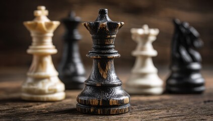 Fototapeta premium A strategic battle of black chess pieces including the king, queen, and pawn stands ready on a wooden chessboard as a concept of business competition, success, and the ultimate gaming challenge.