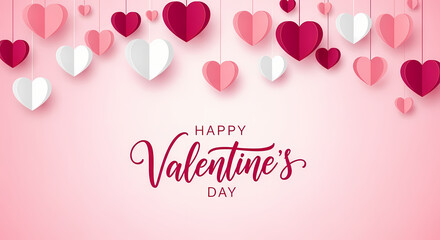 Happy valentines day greeting card with hanging hearts on pink background