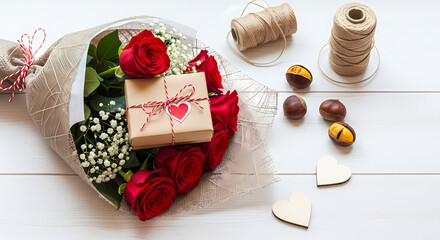 Beautiful bouquet of red roses with gift and decorations on white wooden table