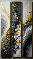 Abstract triptych of minerals, quartz and gold leaf in a contemporary style.