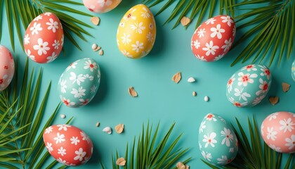 Colorful Easter eggs with floral patterns lie on turquoise background with palm leaves. Eggs, in pink, yellow, aqua, evoke tropical holiday vibe. Small shells scattered around playful arrangement.