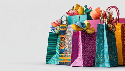 Gifts Galore: A vibrant collection of elaborately adorned shopping bags, brimming with gifts and ready to spread joy, symbolising the excitement of retail therapy and celebratory moments.