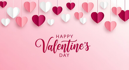 Happy valentines day greeting card with hanging hearts on pink background