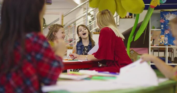 Creative kids during an art class in a daycare center or elementary school classroom drawing with female teacher. 